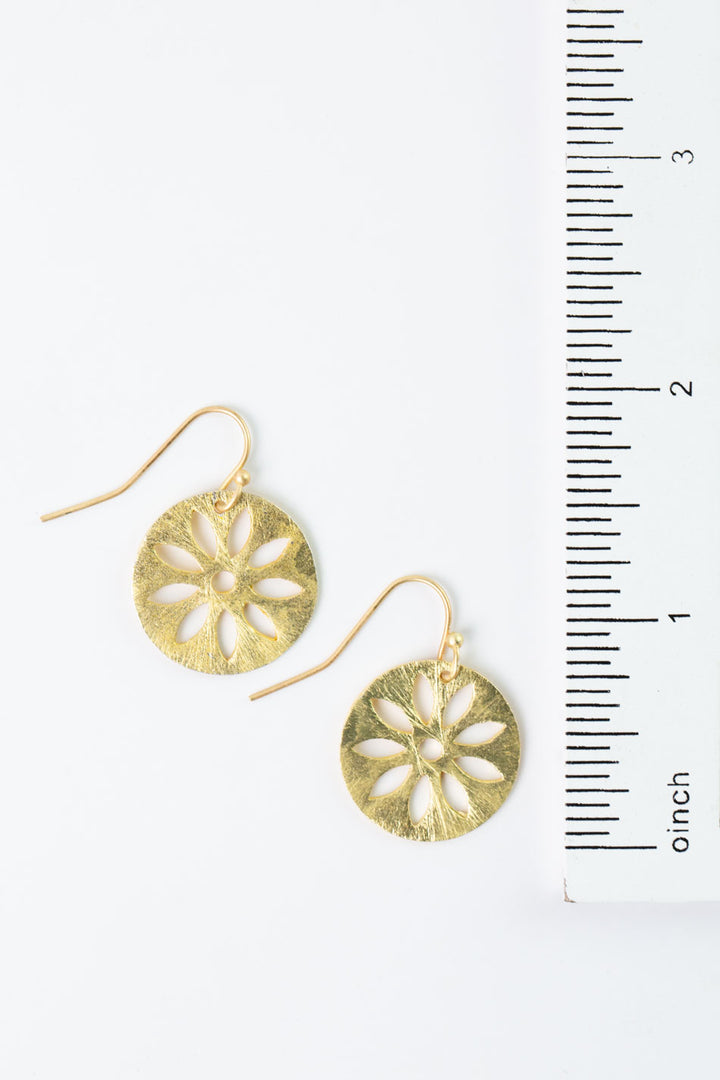 Brushed Gold Flower Disc Earrings