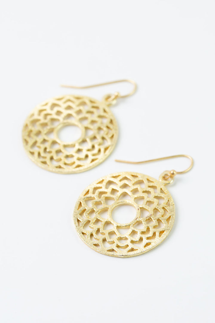 Brushed Gold Circle Floral Earrings