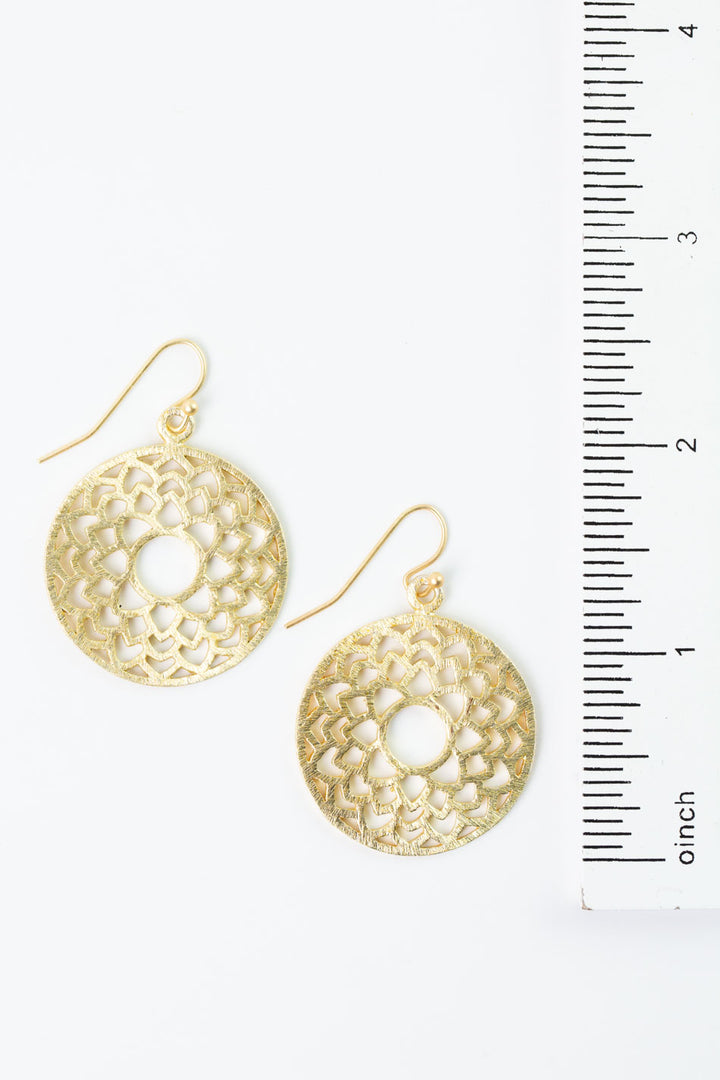 Brushed Gold Circle Floral Earrings