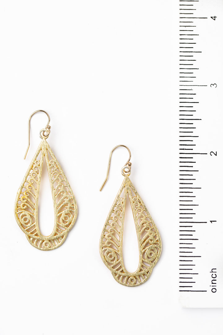 Brushed Gold Ornate Teardrop Petal Simple Earrings