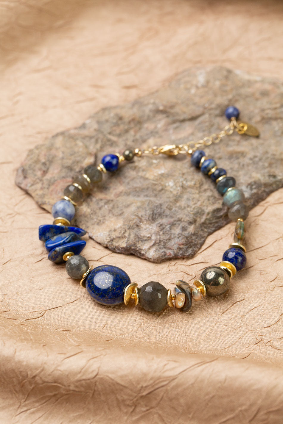 Blue Moon 7.5-8.5" Lapis Lazuli, Pyrite, Labradorite, Sodalite, Mother Of Pearl, Abalone Flower Statement Bracelet