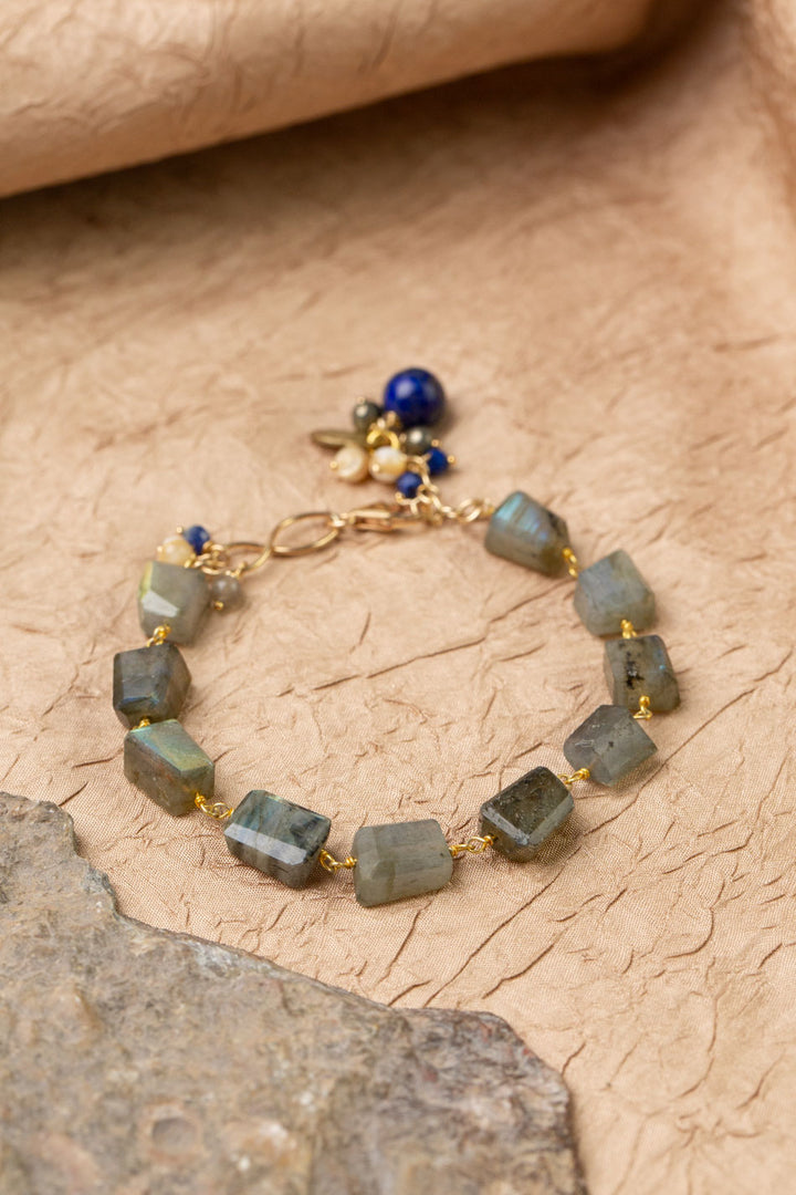 Blue Moon 7.5-8.5" Labradorite, Lapis Lazuli, Pyrite, Mother Of Pearl Simple Bracelet