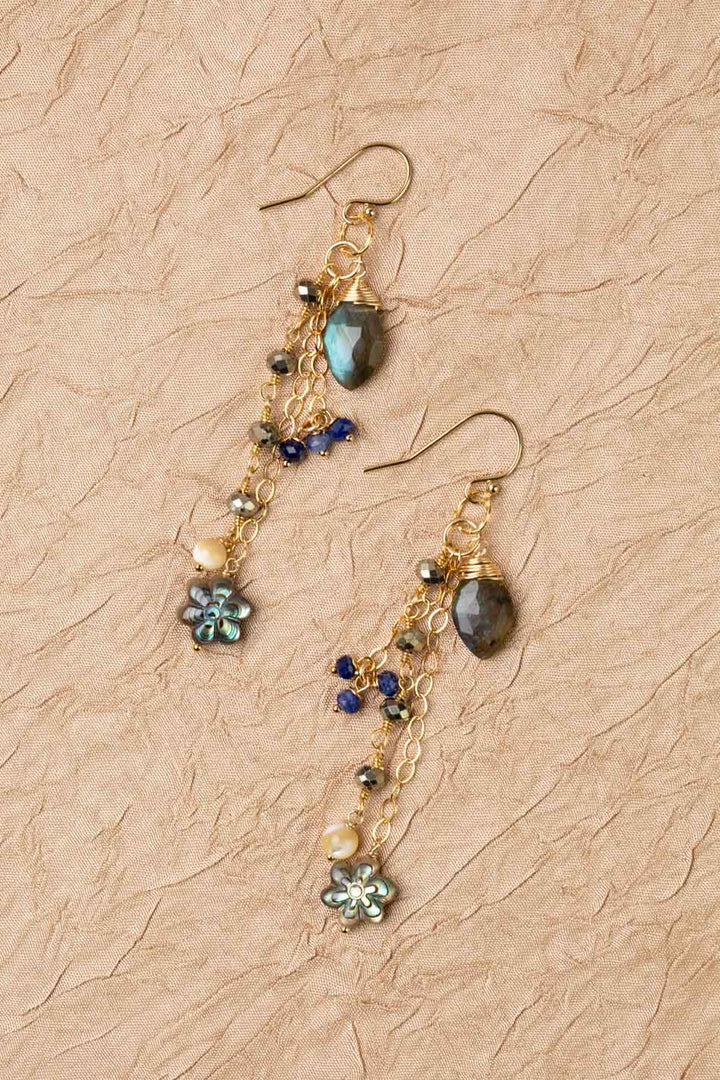 Blue Moon Labradorite, Lapis Lazuli, Pyrite, Mother Of Pearl, Abalone Flower Dangle Earrings