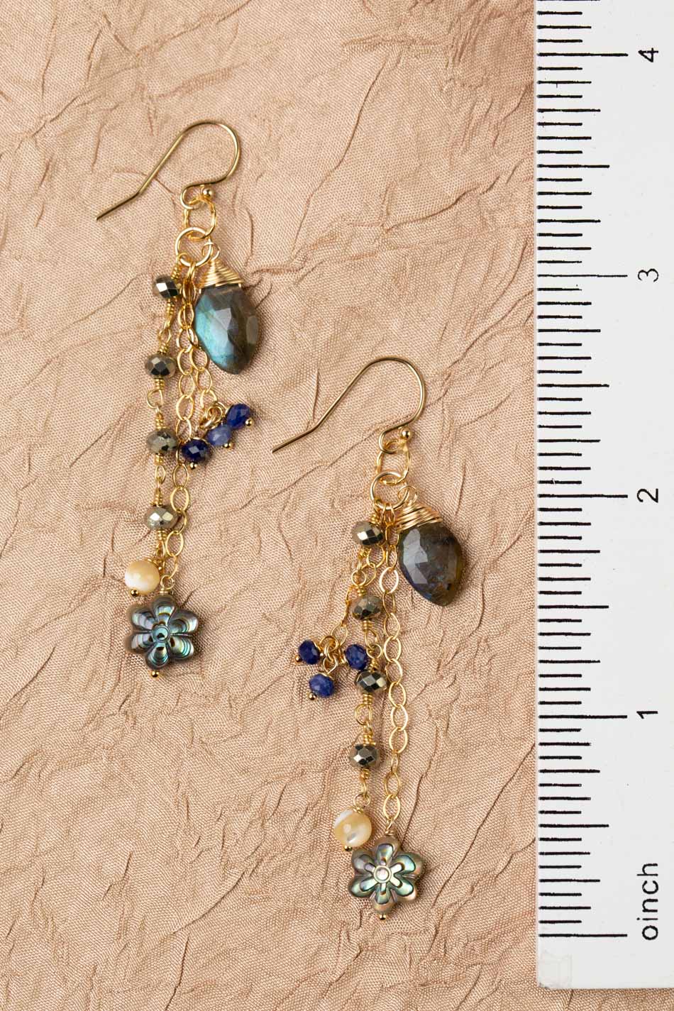 Blue Moon Labradorite, Lapis Lazuli, Pyrite, Mother Of Pearl, Abalone Flower Dangle Earrings