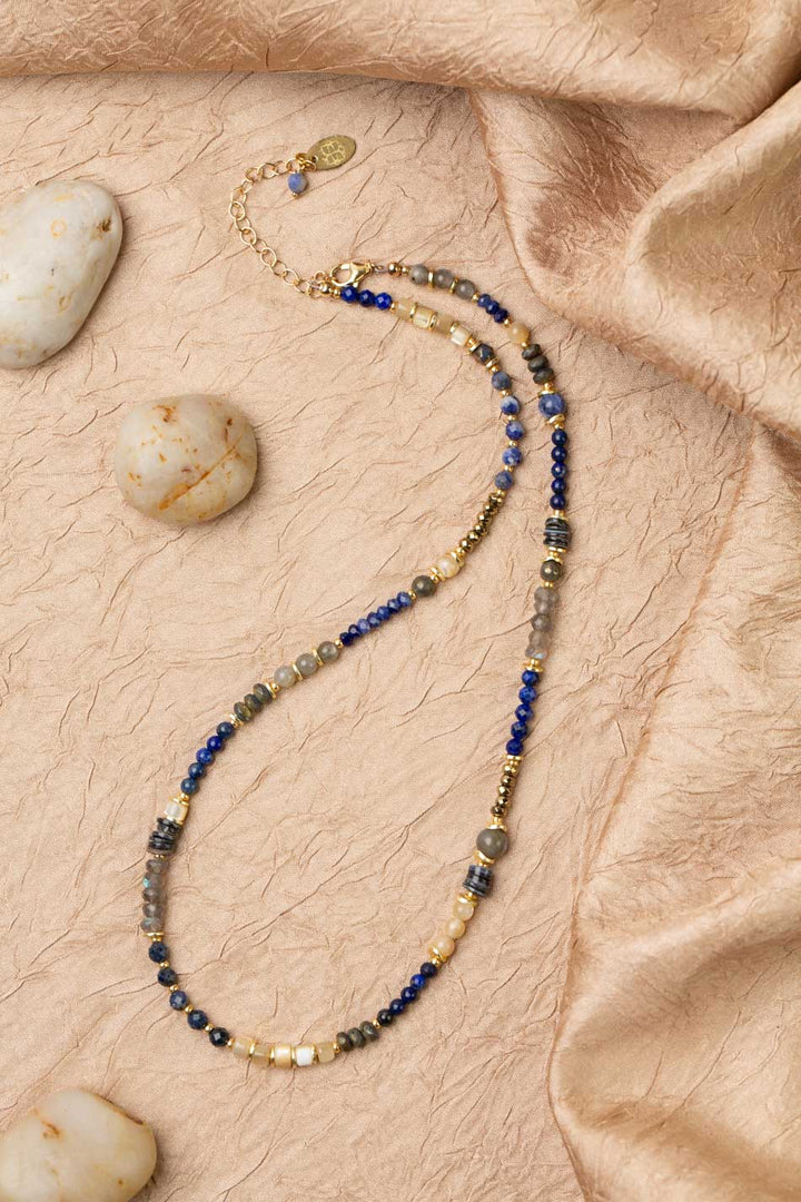 Blue Moon 16.5-18.5" Lapis Lazuli, Pyrite, Sodalite, Labradorite,  Mother Of Pearl Collage Necklace