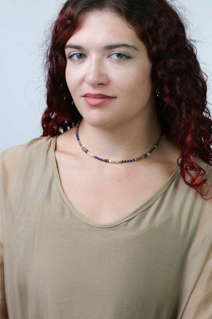 Blue Moon 16.5-18.5" Lapis Lazuli, Pyrite, Sodalite, Labradorite,  Mother Of Pearl Collage Necklace