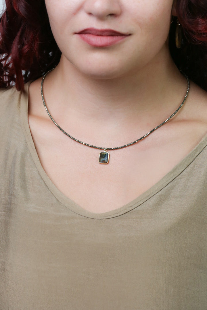 Blue Moon 17.5-19.5" Pyrite With Faceted Labradorite Rectangle Pendant Simple Necklace