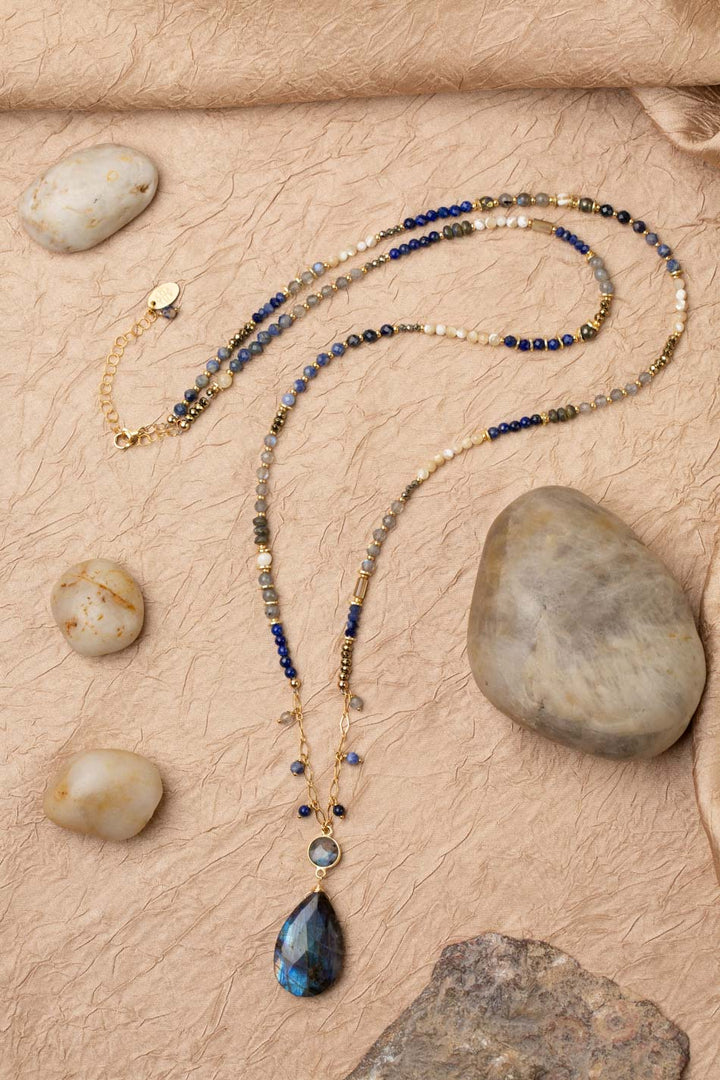 Blue Moon 30.5-32.5 Pyrite, Mother Of Pearl, Sodalite, Abalone, Lapis Lazuli With Large Teardrop Labradorite Statement Necklace