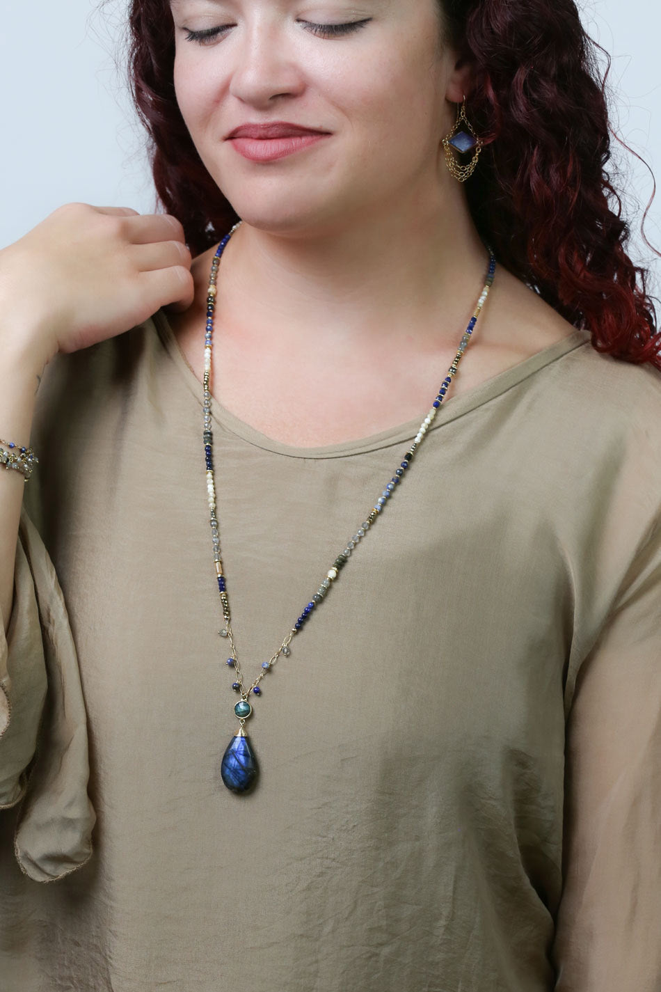 Blue Moon 30.5-32.5" Pyrite, Mother Of Pearl, Sodalite, Abalone, Lapis Lazuli With Large Teardrop Labradorite Statement Necklace