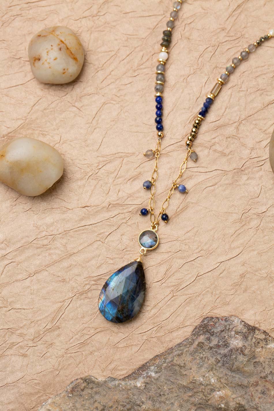 Blue Moon 30.5-32.5 Pyrite, Mother Of Pearl, Sodalite, Abalone, Lapis Lazuli With Large Teardrop Labradorite Statement Necklace