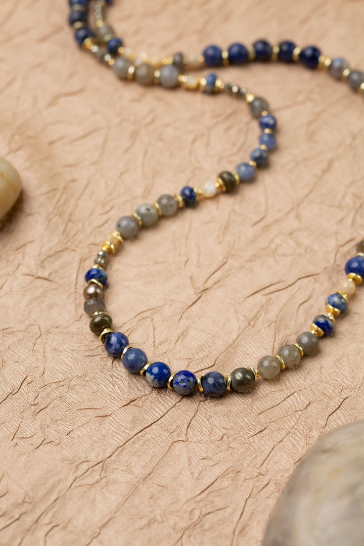 Blue Moon 20.5-22.5" Lapis Lazuli, Pyrite, Labradorite, Sodalite, Mother Of Pearl Collage Necklace