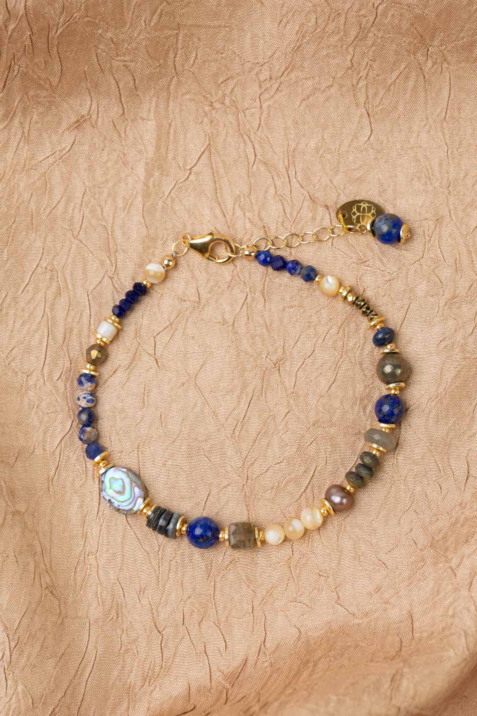 Blue Moon 7.5-8.5" Lapis Lazuli, Pyrite, Labradorite, Sodalite, Freshwater Pearl, Mother Of Pearl, Abalone Flower Collage Bracelet