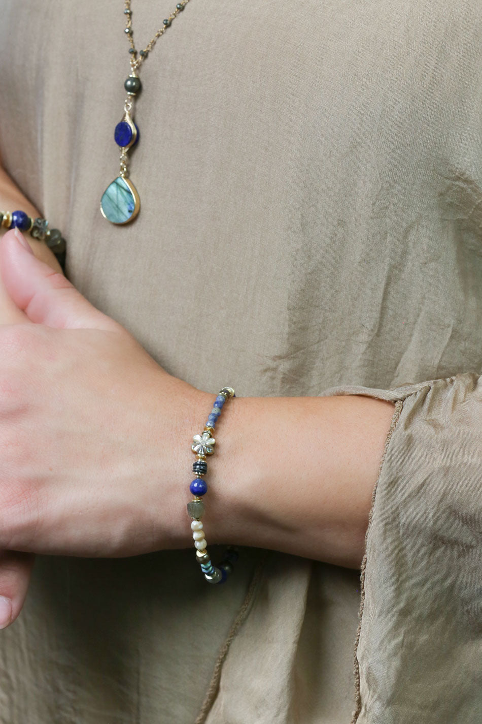 Blue Moon 7.5-8.5" Lapis Lazuli, Pyrite, Labradorite, Sodalite, Freshwater Pearl, Mother Of Pearl, Abalone Flower Collage Bracelet