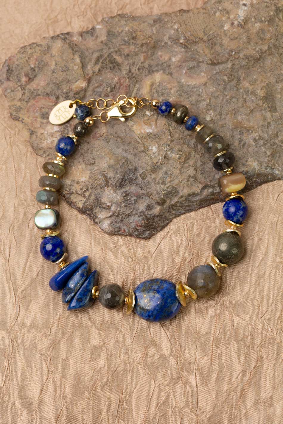 Blue Moon 7.5-8.5" Lapis Lazuli, Pyrite, Labradorite, Sodalite, Mother Of Pearl, Abalone Flower Statement Bracelet