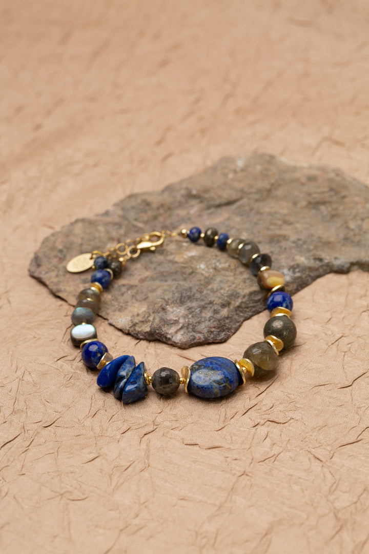 Blue Moon 7.5-8.5" Lapis Lazuli, Pyrite, Labradorite, Sodalite, Mother Of Pearl, Abalone Flower Statement Bracelet