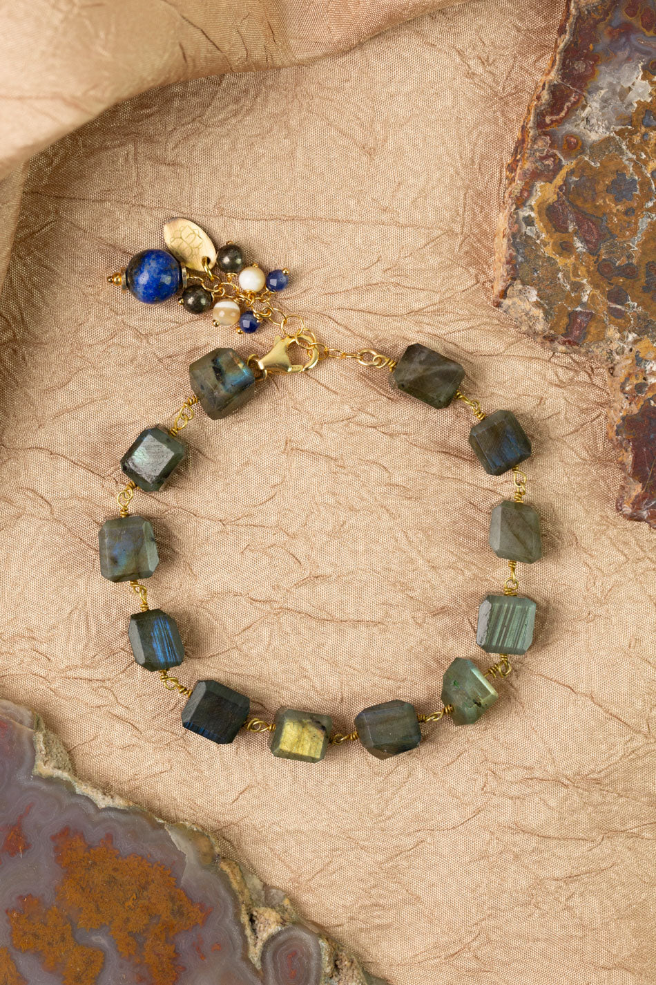 Blue Moon 7.5-8.5" Labradorite, Lapis Lazuli, Pyrite, Mother Of Pearl Simple Bracelet