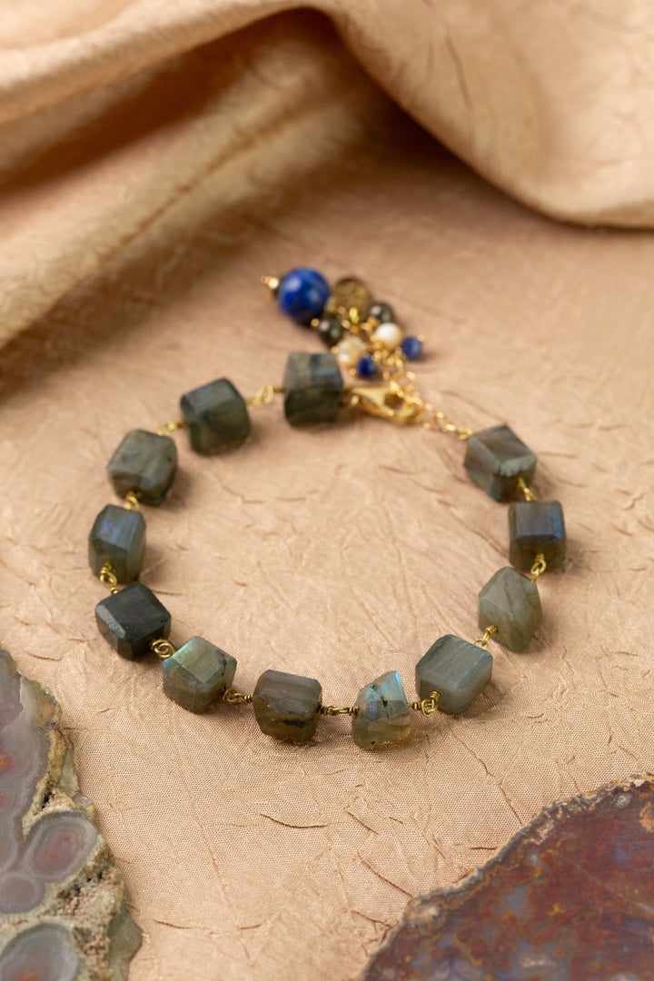 Blue Moon 7.5-8.5" Labradorite, Lapis Lazuli, Pyrite, Mother Of Pearl Simple Bracelet