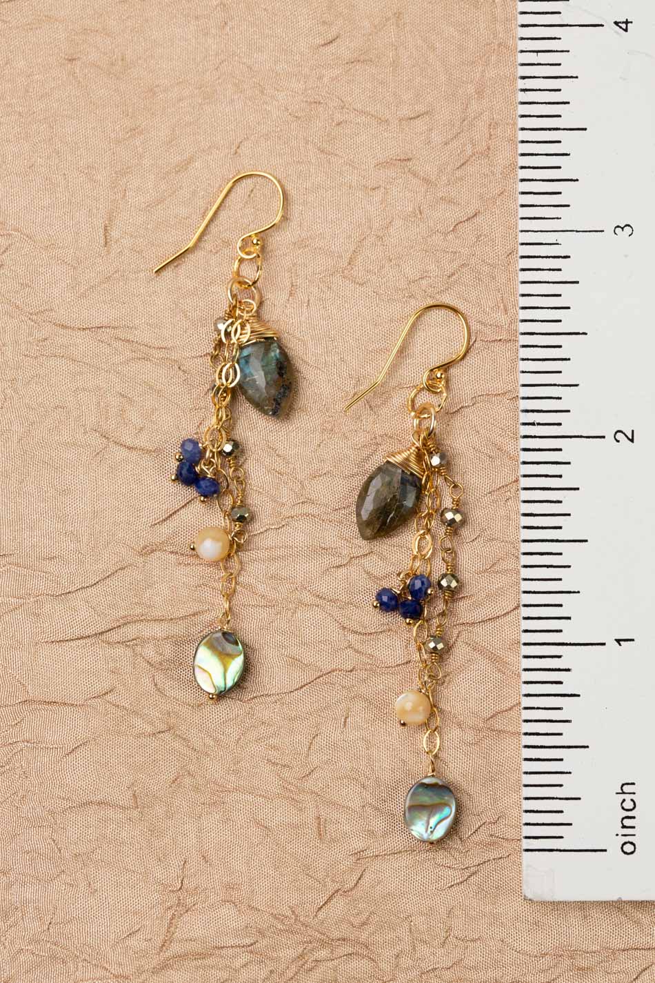 Blue Moon Labradorite, Lapis Lazuli, Pyrite, Mother Of Pearl, Abalone Flower Dangle Earrings