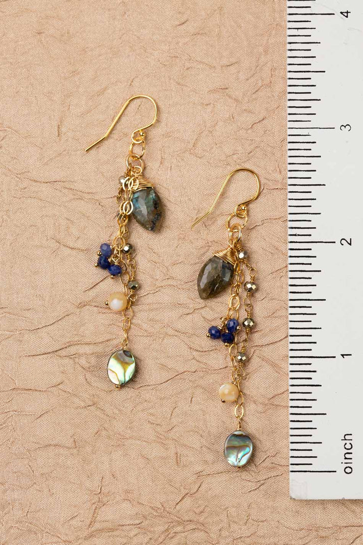 Blue Moon Labradorite, Lapis Lazuli, Pyrite, Mother Of Pearl, Abalone Flower Dangle Earrings