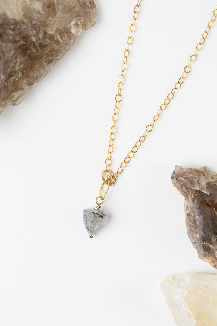 Black Rutilated Quartz 15.5-17.5" Three Dimensional Triangle Black Tourmaline, Rutilated Quartz Simple Necklace
