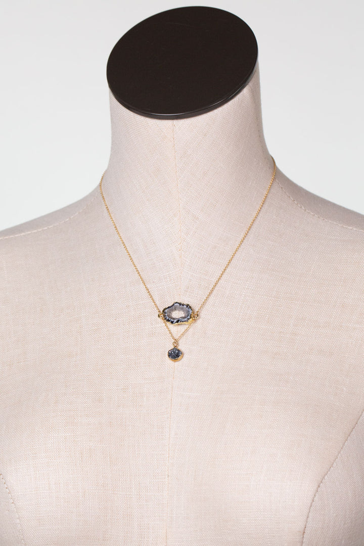 Black Rutilated Quartz 16-18" Gold Plated Druzy Geode Slice With Black Druzy Gold Plated Bezel Dangle Cluster Necklace