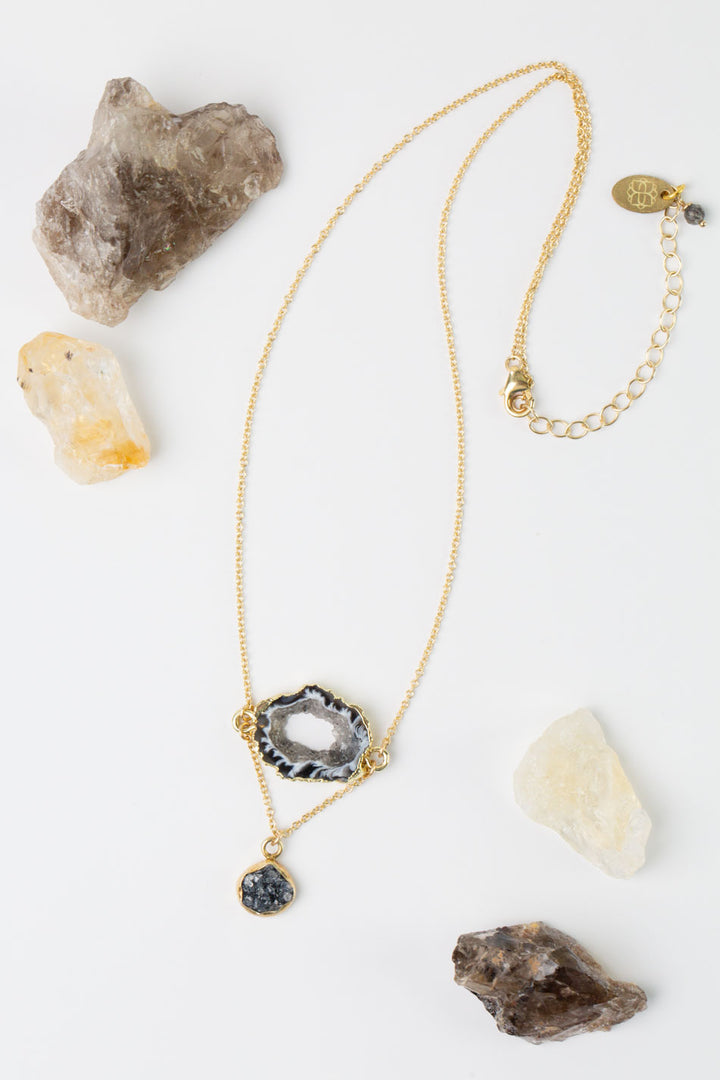 Black Rutilated Quartz 16-18" Gold Plated Druzy Geode Slice With Black Druzy Gold Plated Bezel Dangle Cluster Necklace