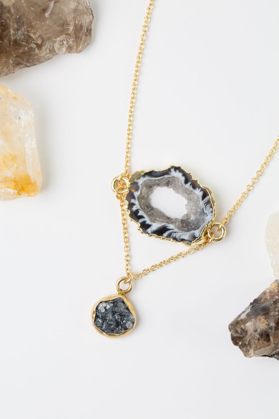 Black Rutilated Quartz 16-18" Gold Plated Druzy Geode Slice With Black Druzy Gold Plated Bezel Dangle Cluster Necklace