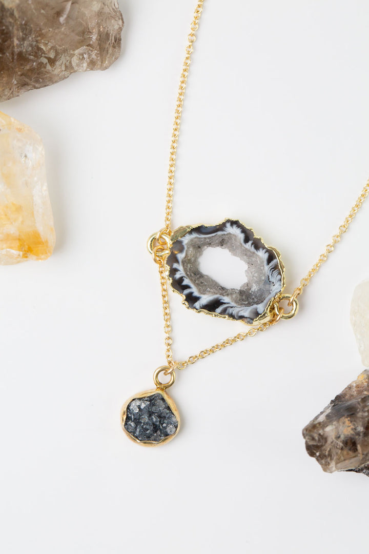 Black Rutilated Quartz 16-18" Gold Plated Druzy Geode Slice With Black Druzy Gold Plated Bezel Dangle Cluster Necklace