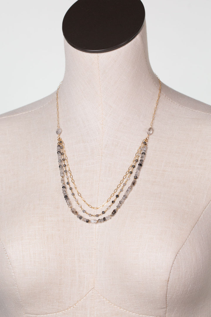 Black Rutilated Quartz 20.25-22.25" Faceted Black Tourmaline, Rutilated Quartz Multistrand Necklace