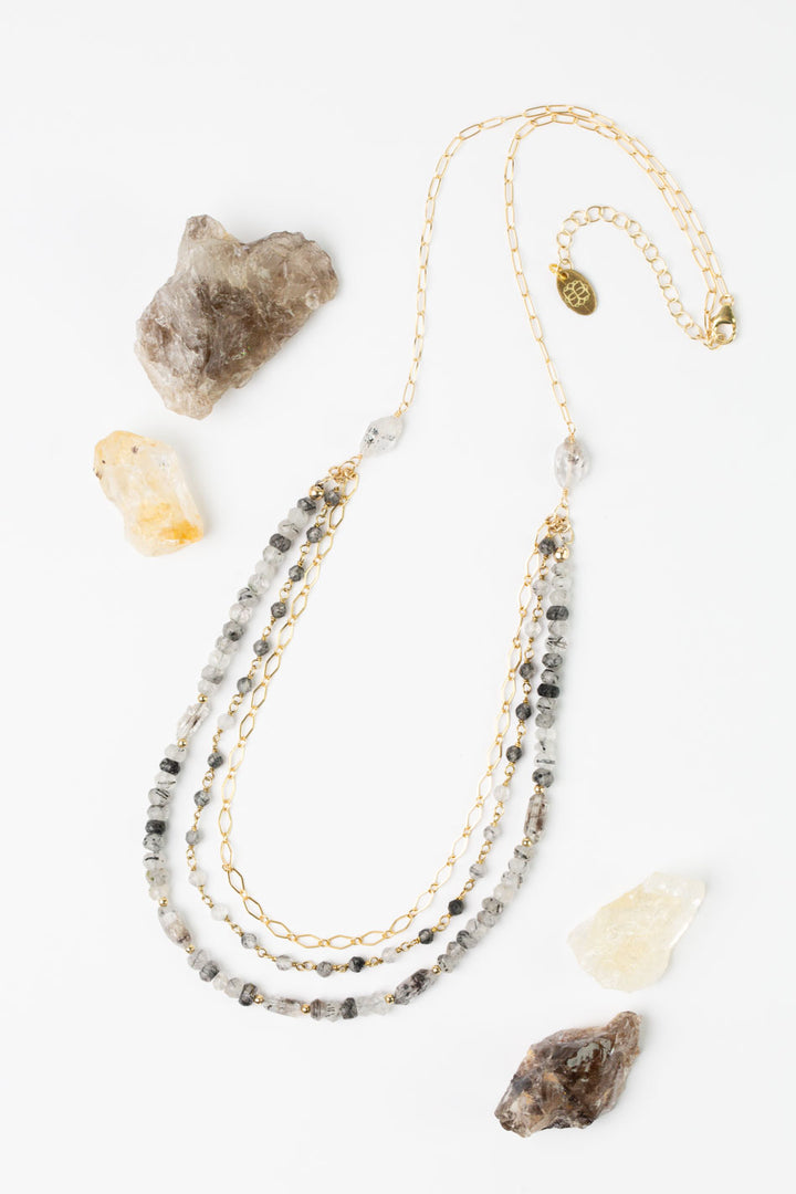 Black Rutilated Quartz 20.25-22.25" Faceted Black Tourmaline, Rutilated Quartz Multistrand Necklace