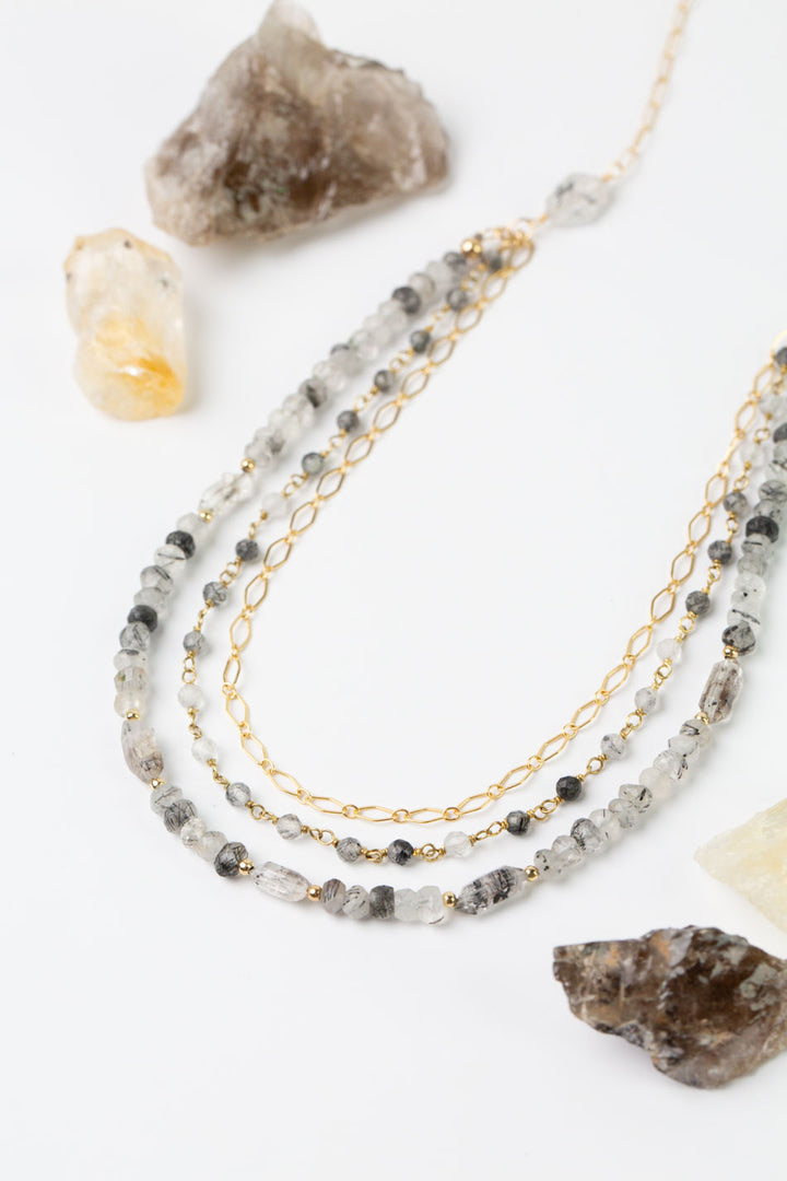 Black Rutilated Quartz 20.25-22.25" Faceted Black Tourmaline, Rutilated Quartz Multistrand Necklace