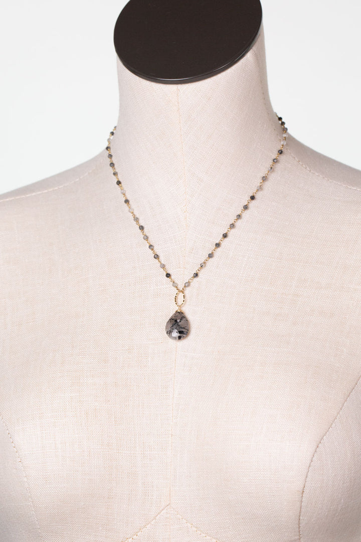 Black Rutilated Quartz 17-19" Faceted Black Tourmaline, Rutilated Quartz Briolette Statement Necklace