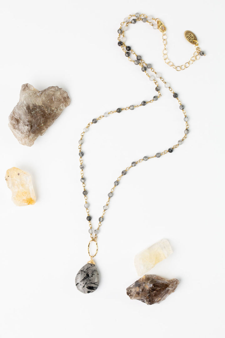 Black Rutilated Quartz 17-19" Faceted Black Tourmaline, Rutilated Quartz Briolette Statement Necklace