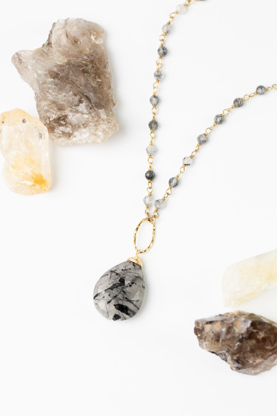 Black Rutilated Quartz 17-19" Faceted Black Tourmaline, Rutilated Quartz Briolette Statement Necklace