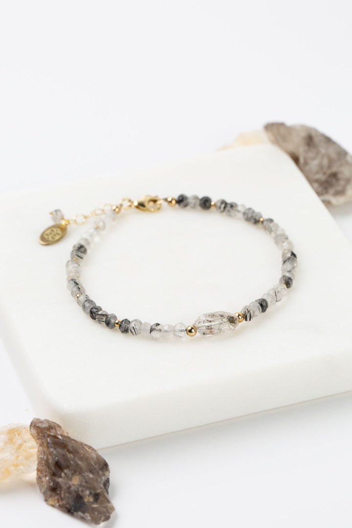 Black Rutilated Quartz 7.75-8.75" Faceted Black Tourmaline Rutilated Quartz Simple Bracelet