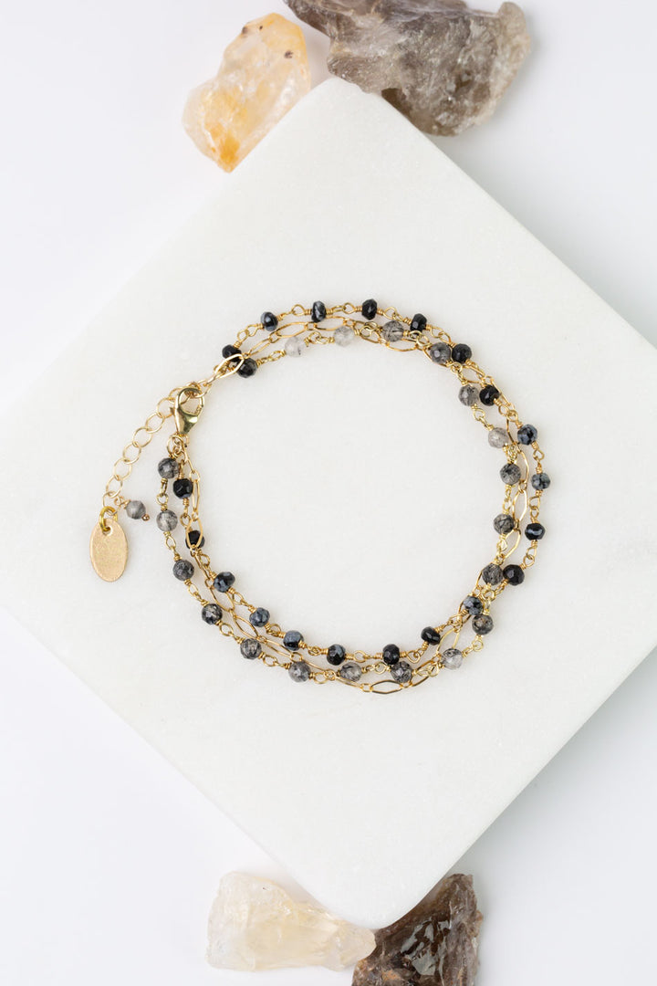 Black Rutilated Quartz 7-8" Faceted Black Tourmaline, Rutilated Quartz Snowflake Obsidian Simple Bracelet