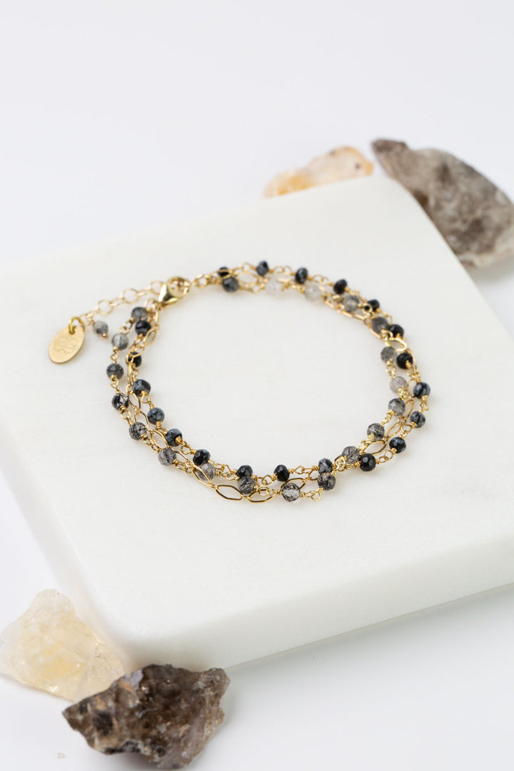 Black Rutilated Quartz 7-8" Faceted Black Tourmaline, Rutilated Quartz Snowflake Obsidian Simple Bracelet