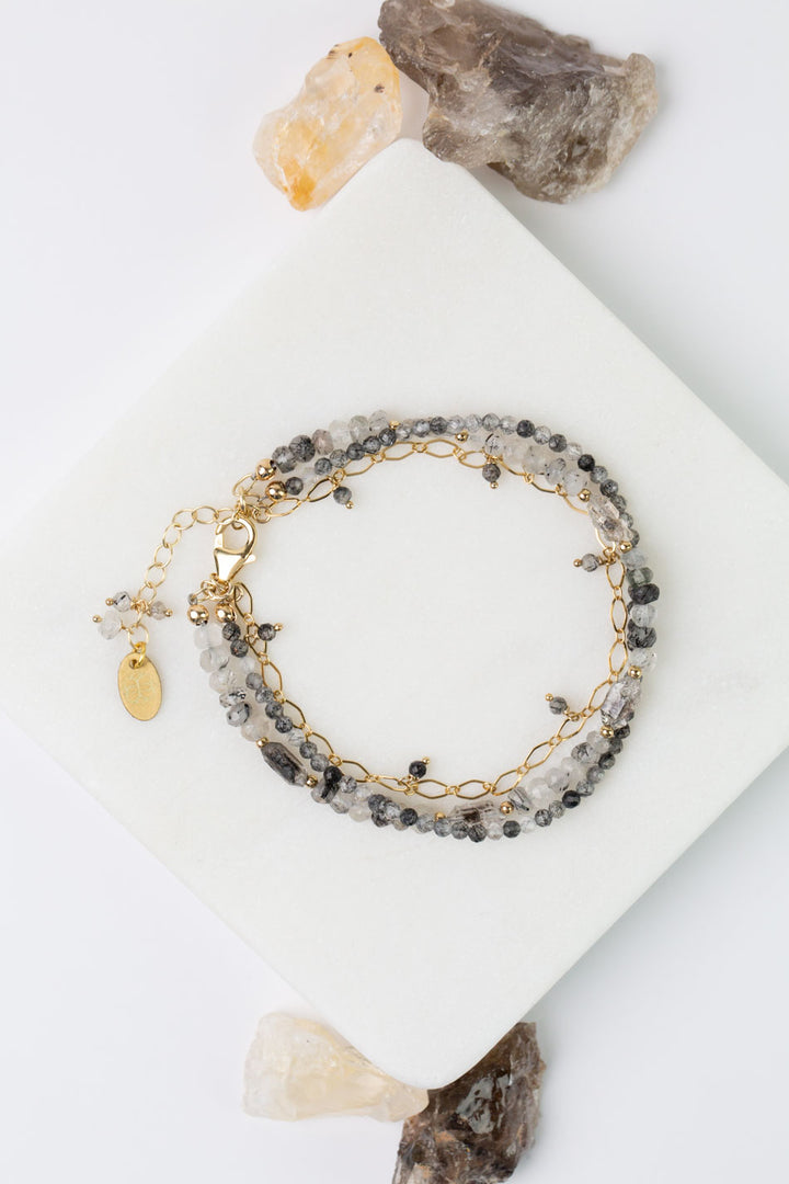 Black Rutilated Quartz 7.25-8.25" Faceted Black Tourmaline, Rutilated Quartz Multistrand Bracelet