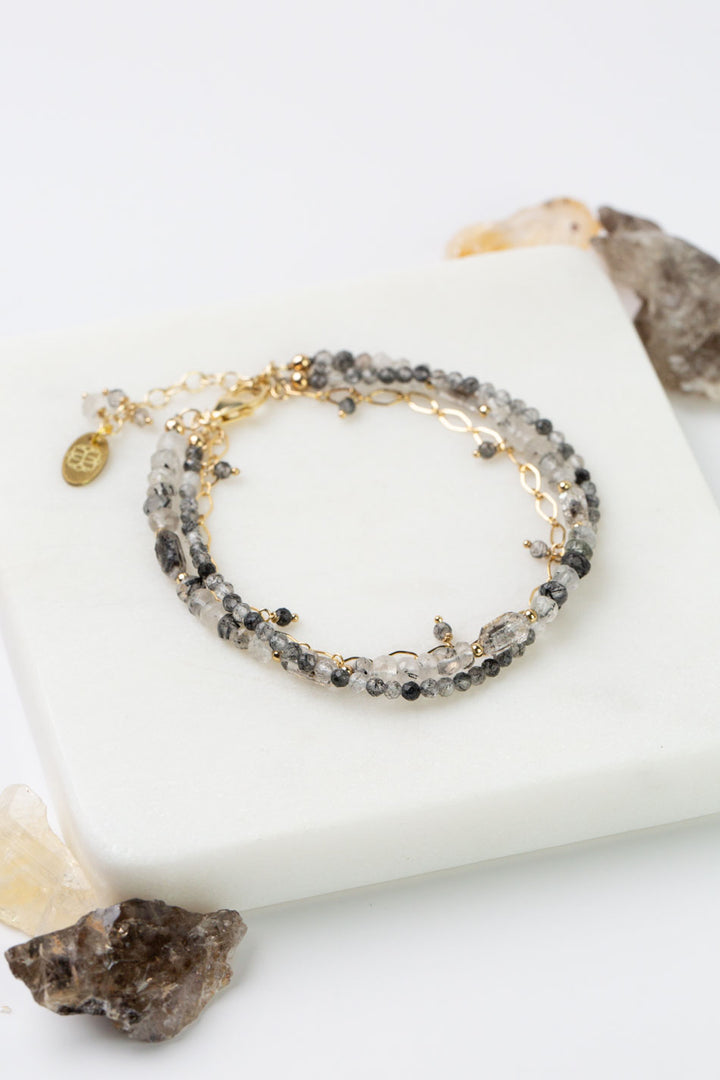 Black Rutilated Quartz 7.25-8.25" Faceted Black Tourmaline, Rutilated Quartz Multistrand Bracelet