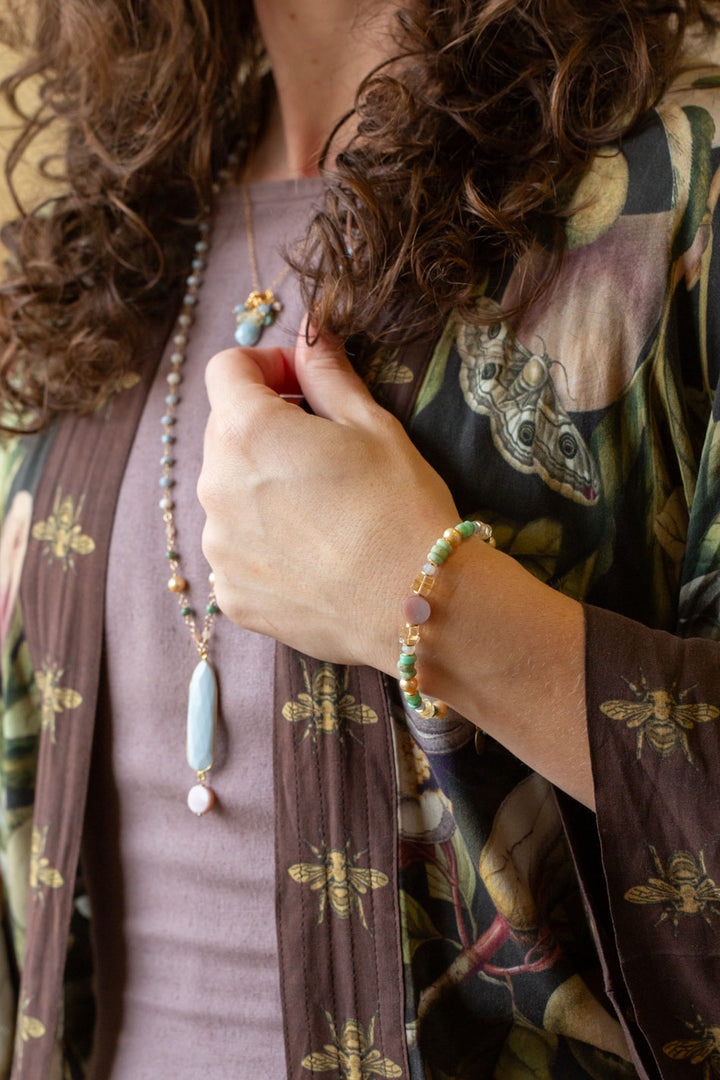 Bellini 7.5-8.5" Peach Moonstone, Pearl, Chrysoprase Simple Bracelet