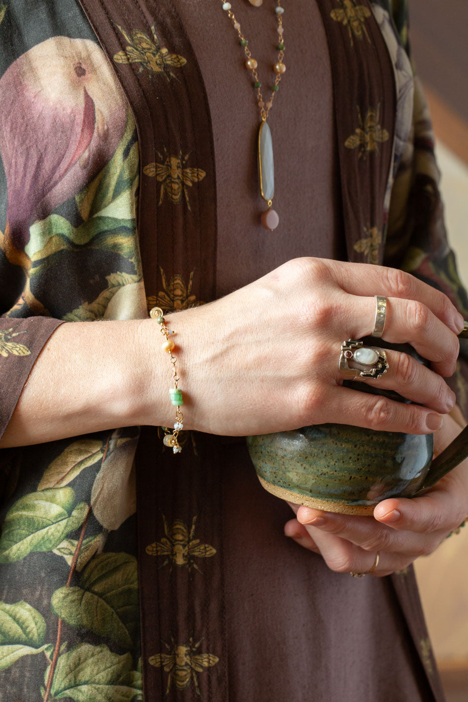 Bellini 7.5-8.5" Peach Moonstone, Pearl, Chrysoprase Collage Bracelet