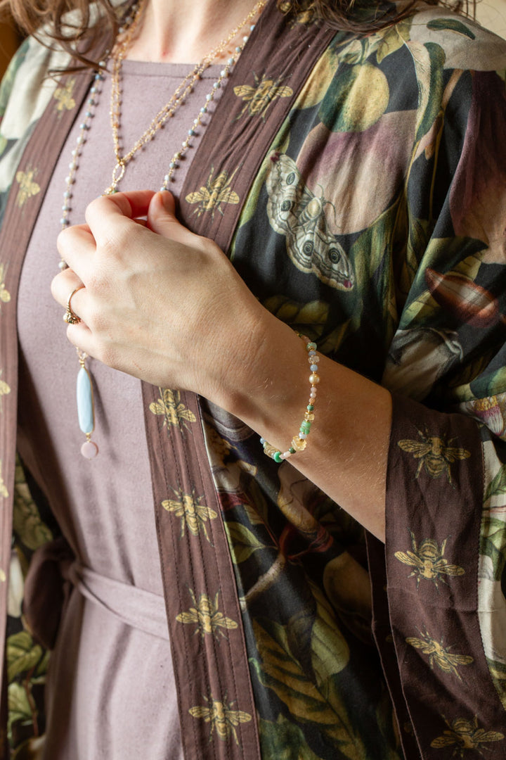 Bellini 7.5-8.5" Peach Moonstone, Pearl, Green Ruby Zoisite Simple Bracelet