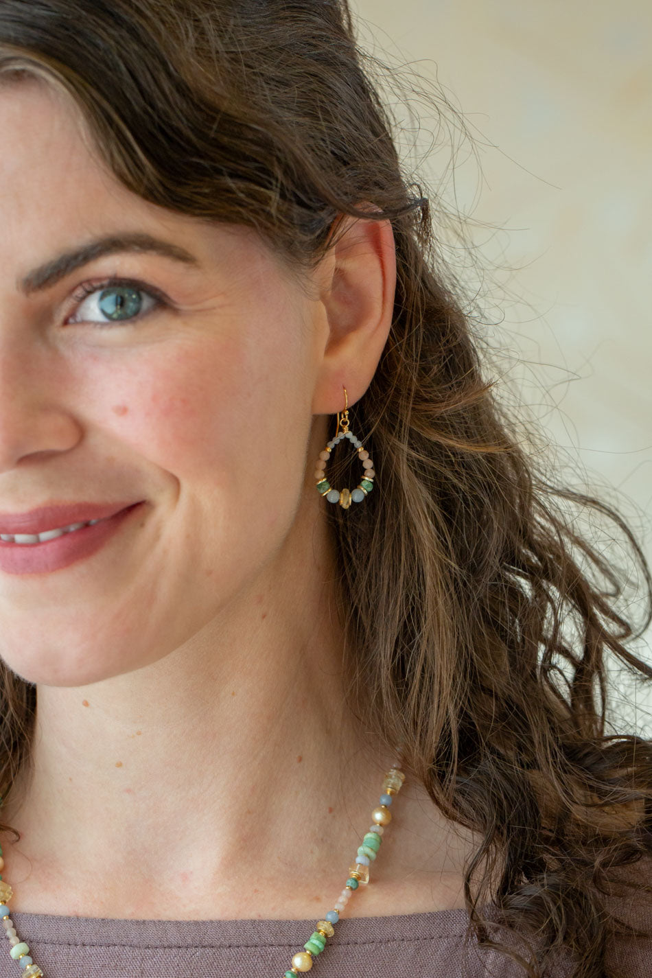 Bellini Chrysoprase, Peach Moonstone, Citrine Hoop Earrings