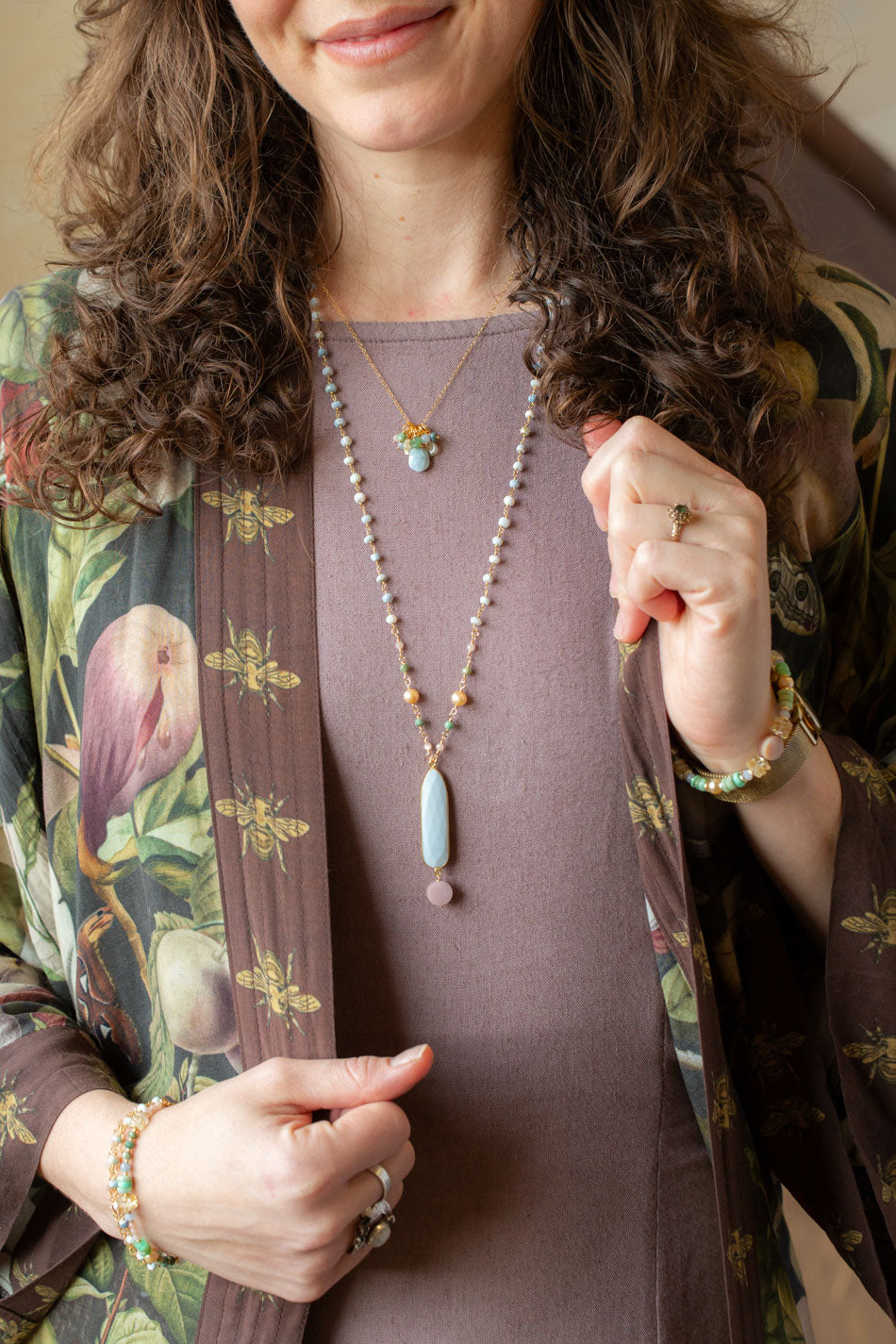 Bellini 27.5-29.5" Peach Moonstone, Pearl, Green Ruby Zoisite with Blue Opal Bezel Simple Necklace