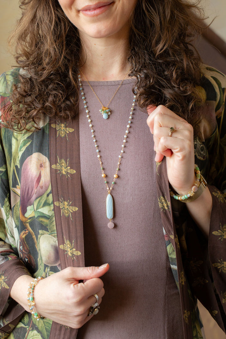 Bellini 27.5-29.5" Peach Moonstone, Pearl, Green Ruby Zoisite with Blue Opal Bezel Simple Necklace