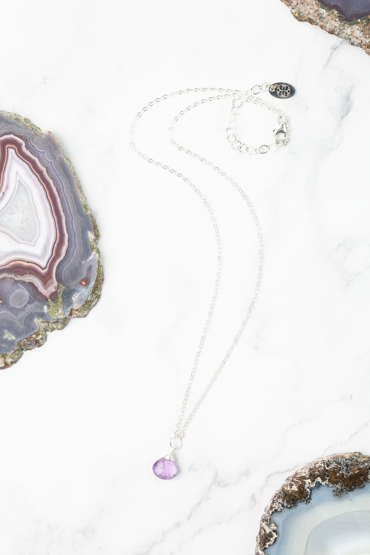 Birthstone 16-18" February Silver Amethyst Solitaire Drop Simple Necklace