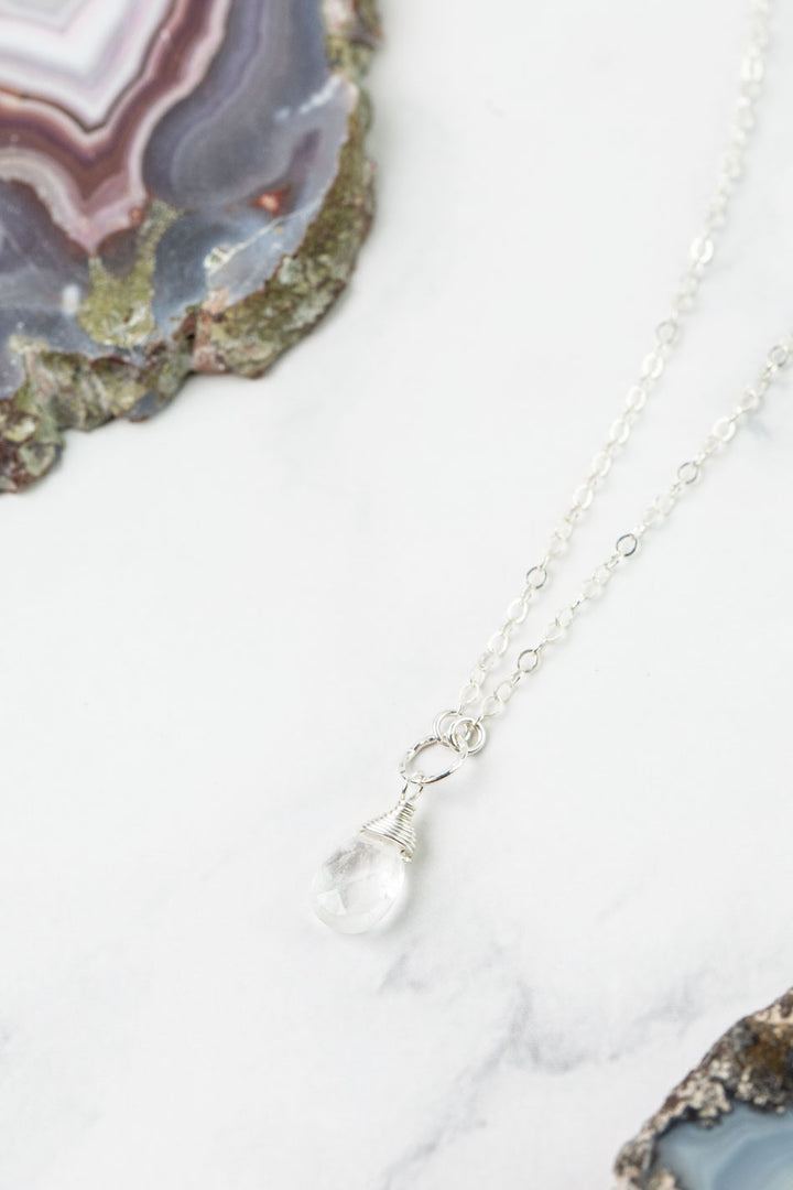 Birthstone 16-18" April Silver Clear Quartz Solitaire Drop Simple Necklace