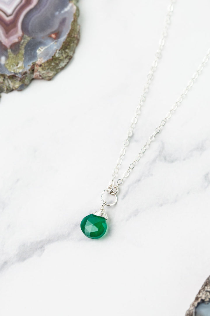 Birthstone 16-18" May Silver Green Onyx Solitaire Drop Simple Necklace