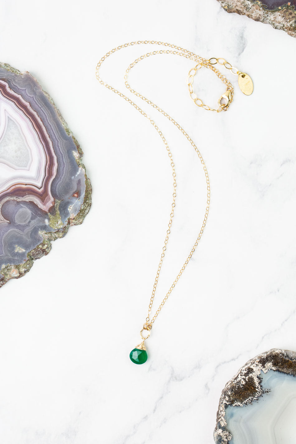 Birthstone 16-18" May Gold Green Onyx Solitaire Drop Simple Necklace