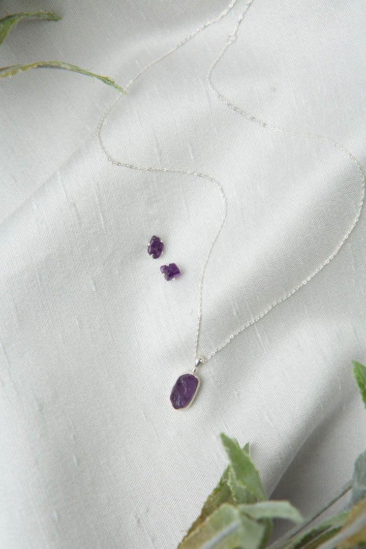 Birthstone 16-20.5" February Natural Amethyst Pendant Necklace And Earrings Set